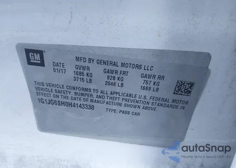 2017 Chevrolet Sonic Lt Auto из США, поврежденный, VIN 1G1JG6SH0H4143338